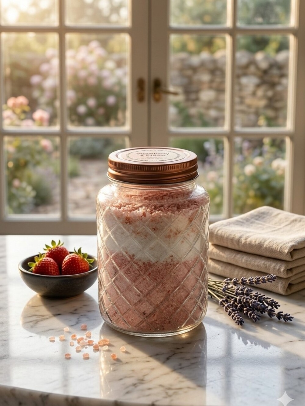 Glass Jar of Strawberry And Cream Bath Salts Large Jar